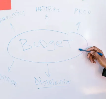 whiteboard with budget planning notes and arrows